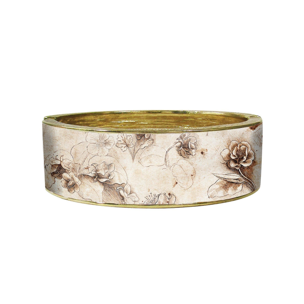 da Vinci Flowers Fine Art Hinged Cuff Gold Bangle Bracelet