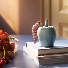 Kähler Poppery Apple with Caterpillar, Mint/Pink, H: 3.9"