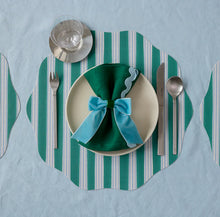 Chilewich Festive Stripes Scallop Placemats - Green - Midtone Cool Green and Light Blue