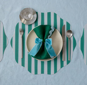 Chilewich Festive Stripes Scallop Placemats - Green - Midtone Cool Green and Light Blue