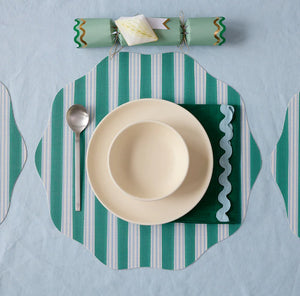 Chilewich Festive Stripes Scallop Placemats - Green - Midtone Cool Green and Light Blue