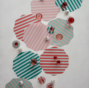 Chilewich Festive Stripes Scallop Placemats - Mint - Light Cool Green and Red