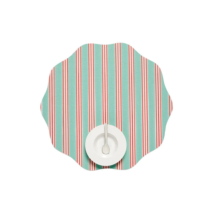 Chilewich Festive Stripes Scallop Placemats - Mint - Light Cool Green and Red