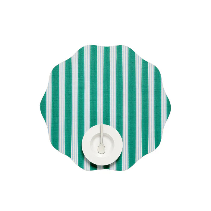 Chilewich Festive Stripes Scallop Placemats - Green - Midtone Cool Green and Light Blue
