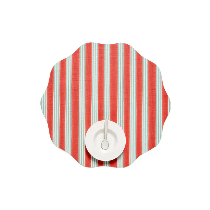 Chilewich Festive Stripes Scallop Placemats - Red - Midtone Red and Light Cool Green