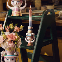 Bjørn Wiinblad Lady with Hat Candle Holder, Pink/Yellow, H: 6.3"