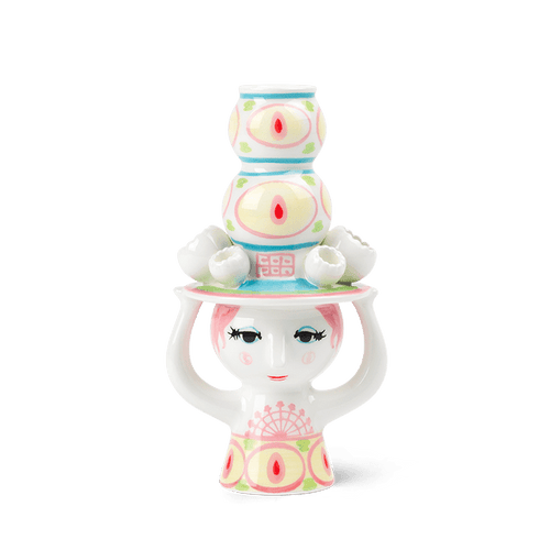 Bjørn Wiinblad Lady with Hat Candle Holder, Pink/Yellow, H: 6.3
