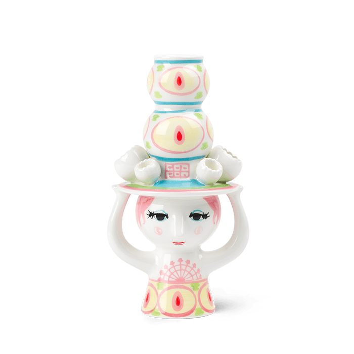 Bjørn Wiinblad Lady with Hat Candle Holder, Pink/Yellow, H: 6.3