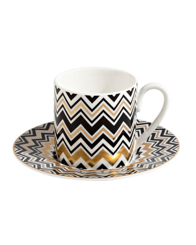Coffee Cup & Saucer ZIG ZAG Set of 2 in Luxury Box Gold diam. 2.3