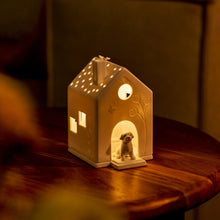 Porcelain Village House Tealight Holder with Puppy Dog and Butterfly