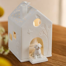 Porcelain Village House Tealight Holder with Puppy Dog and Butterfly