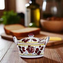 ORVIETO RED ROOSTER: Covered Parmesan Cheese Bowl with Spoon