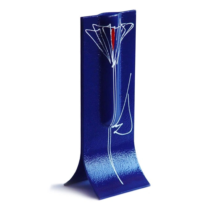 Glass Art Vase Dark Blue with White-Red Tulip Motive