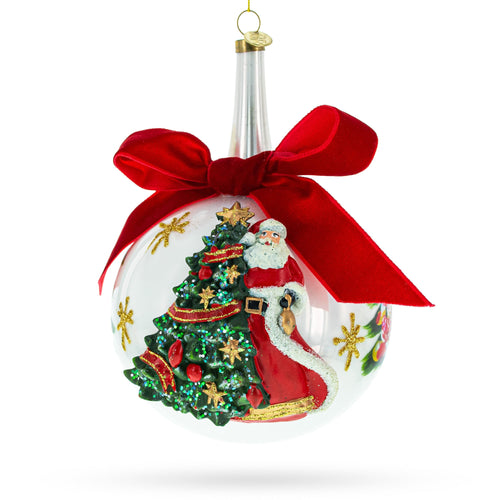 Large Santa with Christmas Tree with Red Bow Glass Ball Christmas Ornament