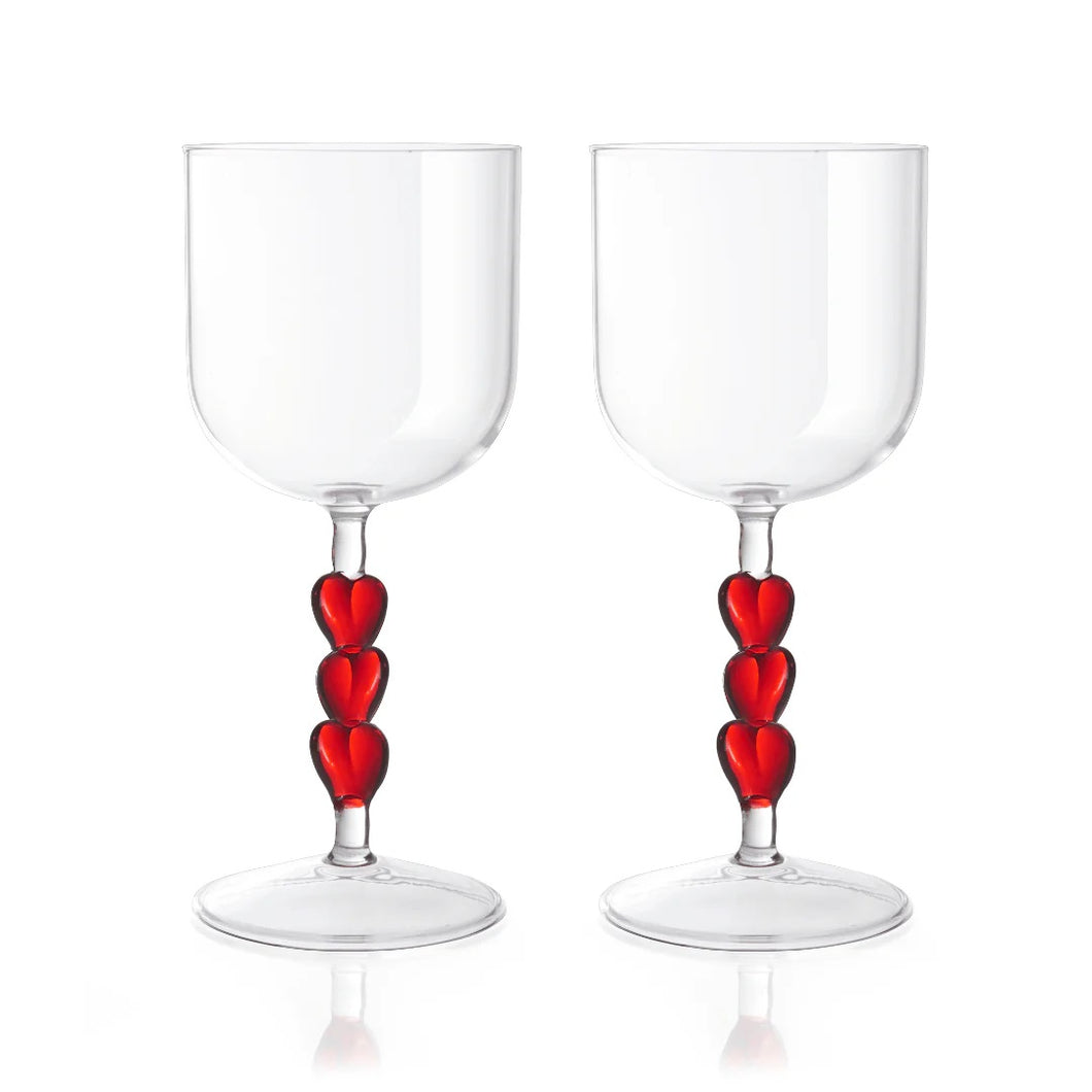 Red Heart Stemmed Wine Glass Set of 2