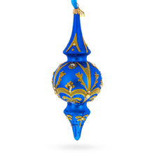 Jeweled Gold Scrollworks on Blue Drop Glass Christmas Ornament