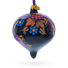 Whimsical Floral and Bird Black Glass Christmas Ornament