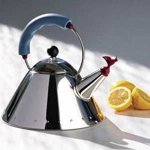 Kettle in 18/10 stainless steel mirror polished with Blue handle and small Red bird-shaped whistle in PA. Magnetic steel heat-diffusing bottom. Design: Michael Graves 1985 for Alessi, Italy.