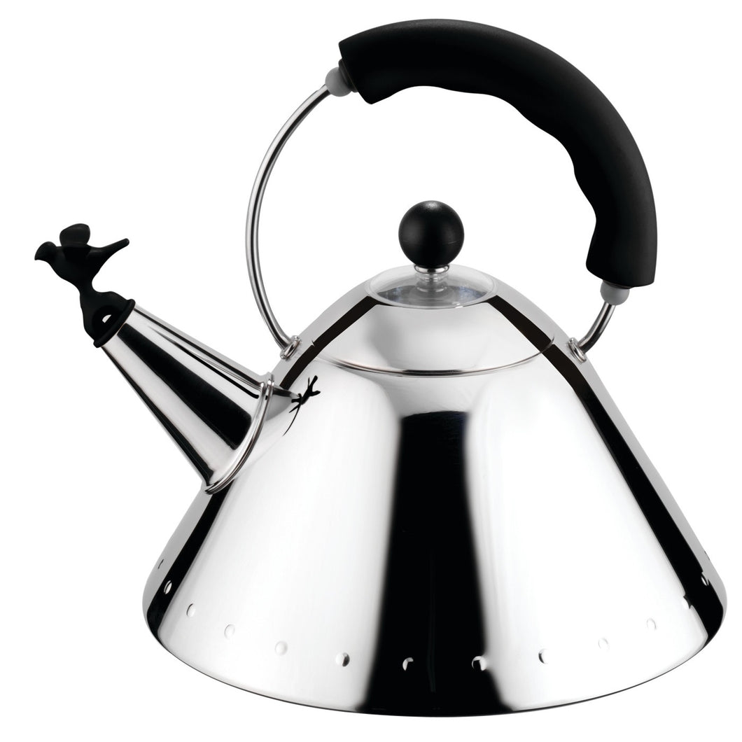 Kettle in 18/10 stainless steel mirror polished with Black handle and small Red bird-shaped whistle in PA. Magnetic steel heat-diffusing bottom. Design: Michael Graves 1985 for Alessi, Italy.