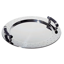 Round polished steel serving tray with black handles. Designed by Michael Graves for Alessi.
