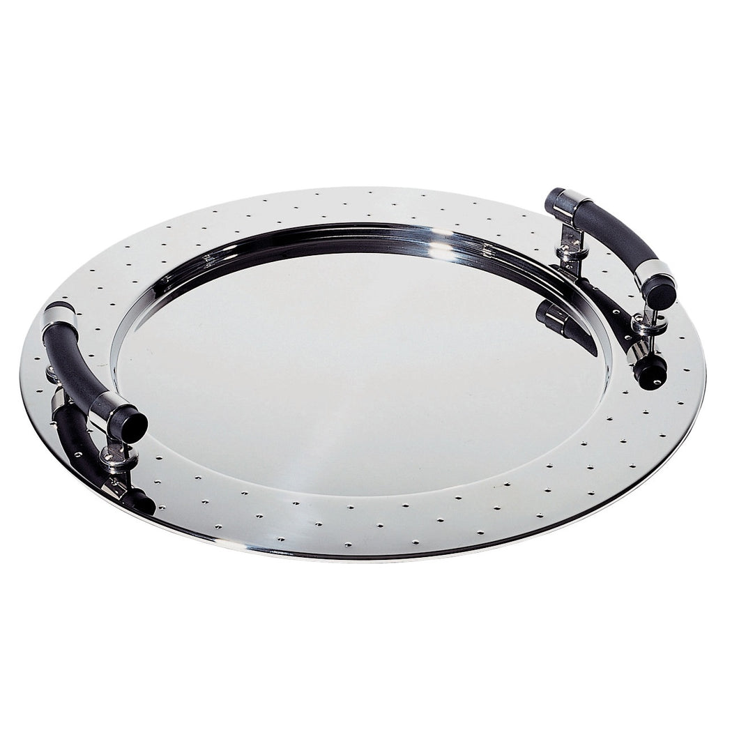 Round polished steel serving tray with black handles. Designed by Michael Graves for Alessi.