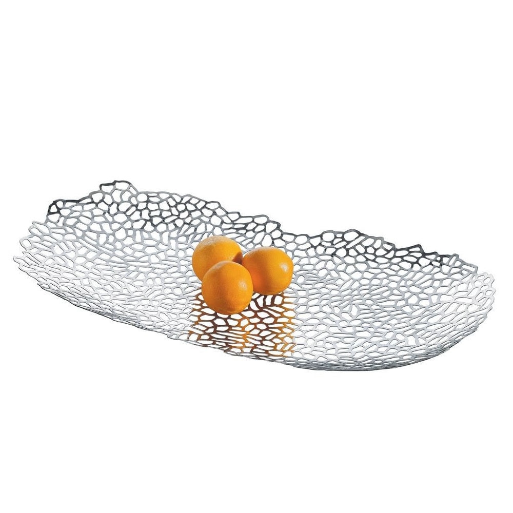 An elegant polished stainless steel centerpiece designed to look like fabric lace. 24” long.