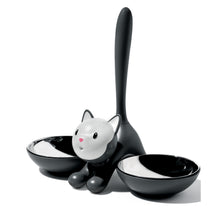 Black cat shaped dual bowl food holders with stainless steel bowls and a tall tail for easy transportation.