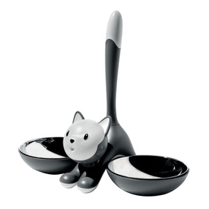 Grey cat shaped dual bowl food holders with stainless steel bowls and a tall tail for easy transportation.