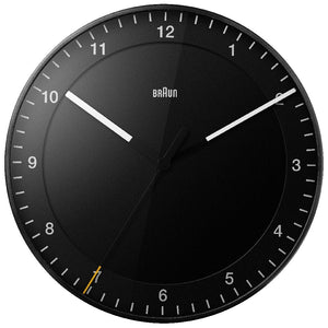 A classically designed 12” round black wall clock.