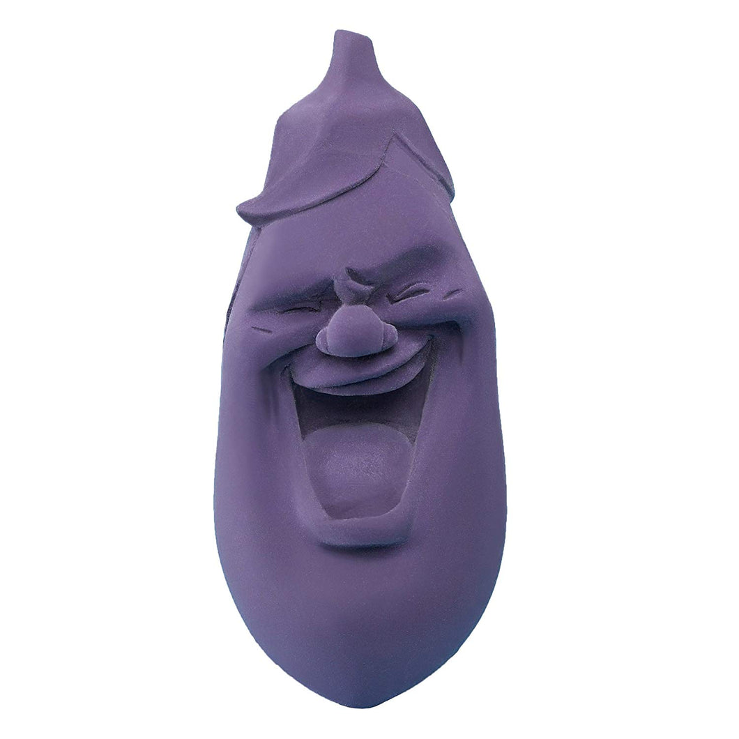 Stress ball with a funny face in the shape and color of an eggplant.