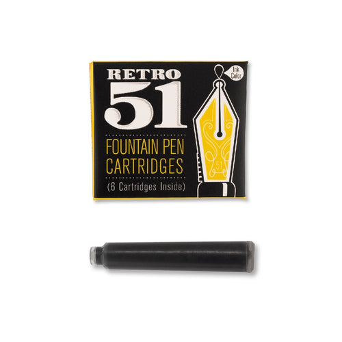 Retro 51 fountain pen cartridge refill in black ink, set of 6.