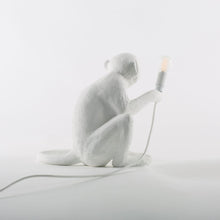 Sitting monkey holding a light, made from polyresin and hand finished in white. Approx 13” tall.