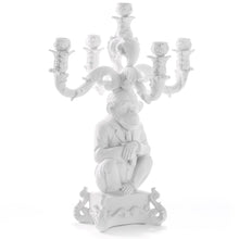 Large monkey candelabra with 5 arms to hold candles. Made from polyresin, hand finished in white.