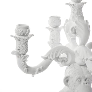 Large monkey candelabra with 5 arms to hold candles. Made from polyresin, hand finished in white.
