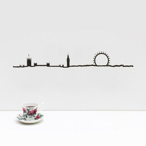 19.5” long steel sheet designed to show off the city skyline in London. Finished in black. The silhouette is meant to be mounted on the wall.