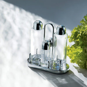 Alessi 5070 Condiment set: oil, vinegar, salt and pepper in 18/10 stainless steel mirror polished and crystalline glass.