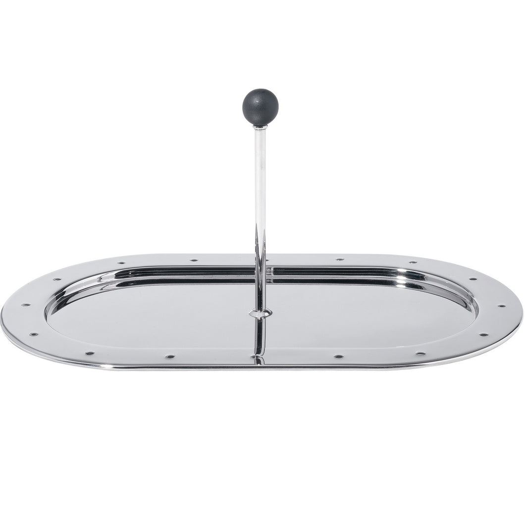 Oval shaped stainless steel tray designed to hold creamer and sugar, 11.25”. Designed by Michael Graves.