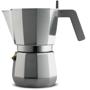 Espresso coffee maker in aluminium casting. Handle and knob in PA, grey. Magnetic steel bottom suitable for induction cooking. Filter for American coffee included.