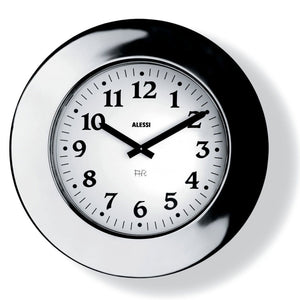 Wall clock in 18/10 stainless steel mirror polished. Quartz movement.