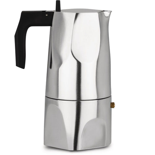 Espresso coffee maker in aluminium casting. Handle and knob in thermoplastic resin, black.