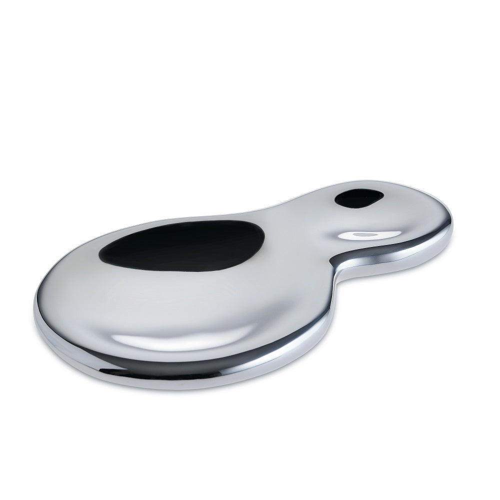 Stainless steel concave shaped dual spoon rest that allows use of holding multiple spoons and ladles at once.