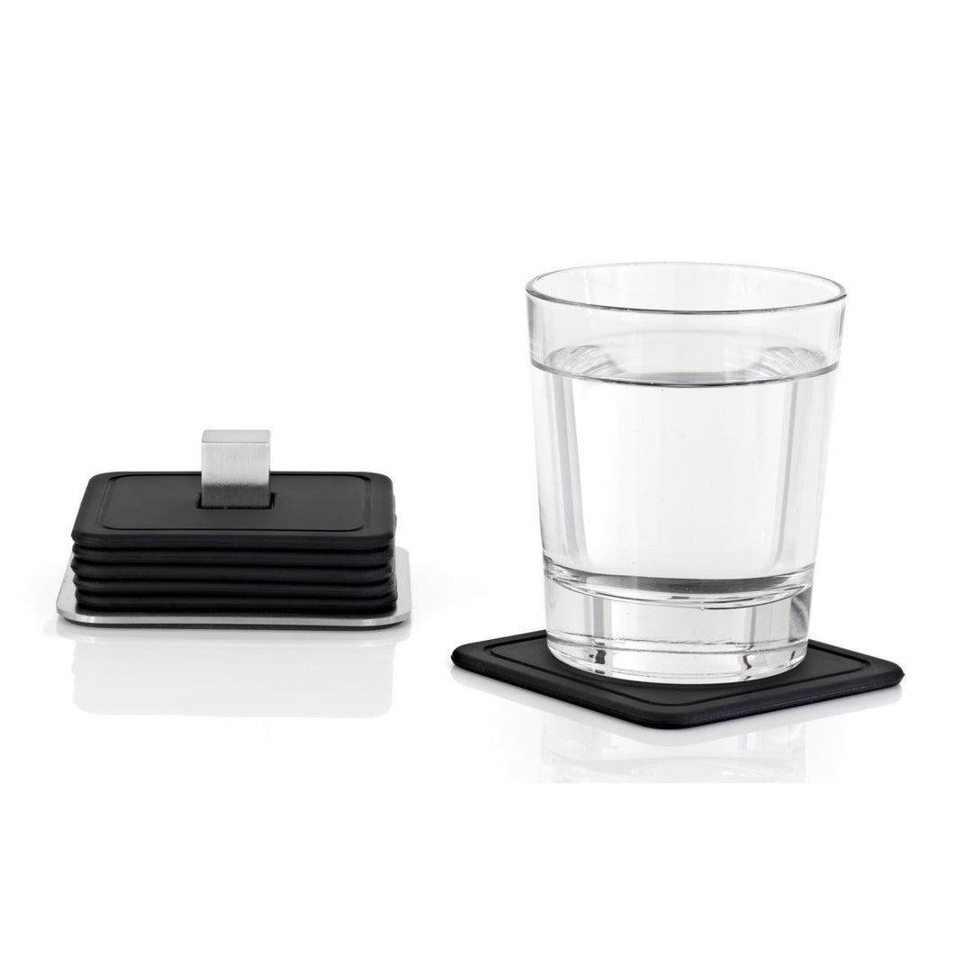 The black silicone coasters have a square cut-out, so they can be placed on the holder for storage when not in use.