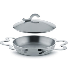 Stainless steel egg pan with lid, featuring a unique curvy set of handles.