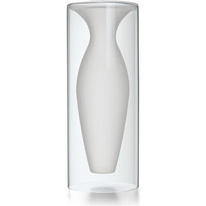 A dual layer glass vase featuring a transparent cylindrical outer layer and a frosted glass finish inner layer which holds flowers. 