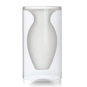 A dual layer glass vase featuring a transparent cylindrical outer layer and a frosted glass finish inner layer which holds flowers. 